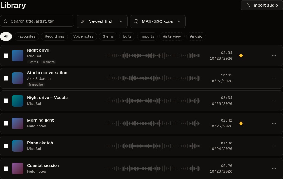 The Library with several tracks, waveforms, durations and transcript, stems and marker badges