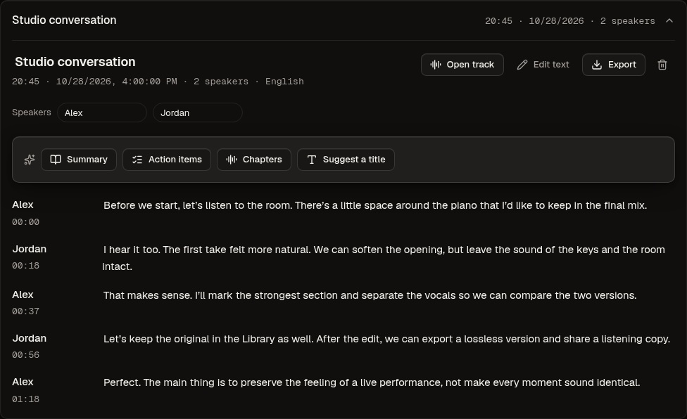 A speaker-labelled transcript with timestamps and AI tools